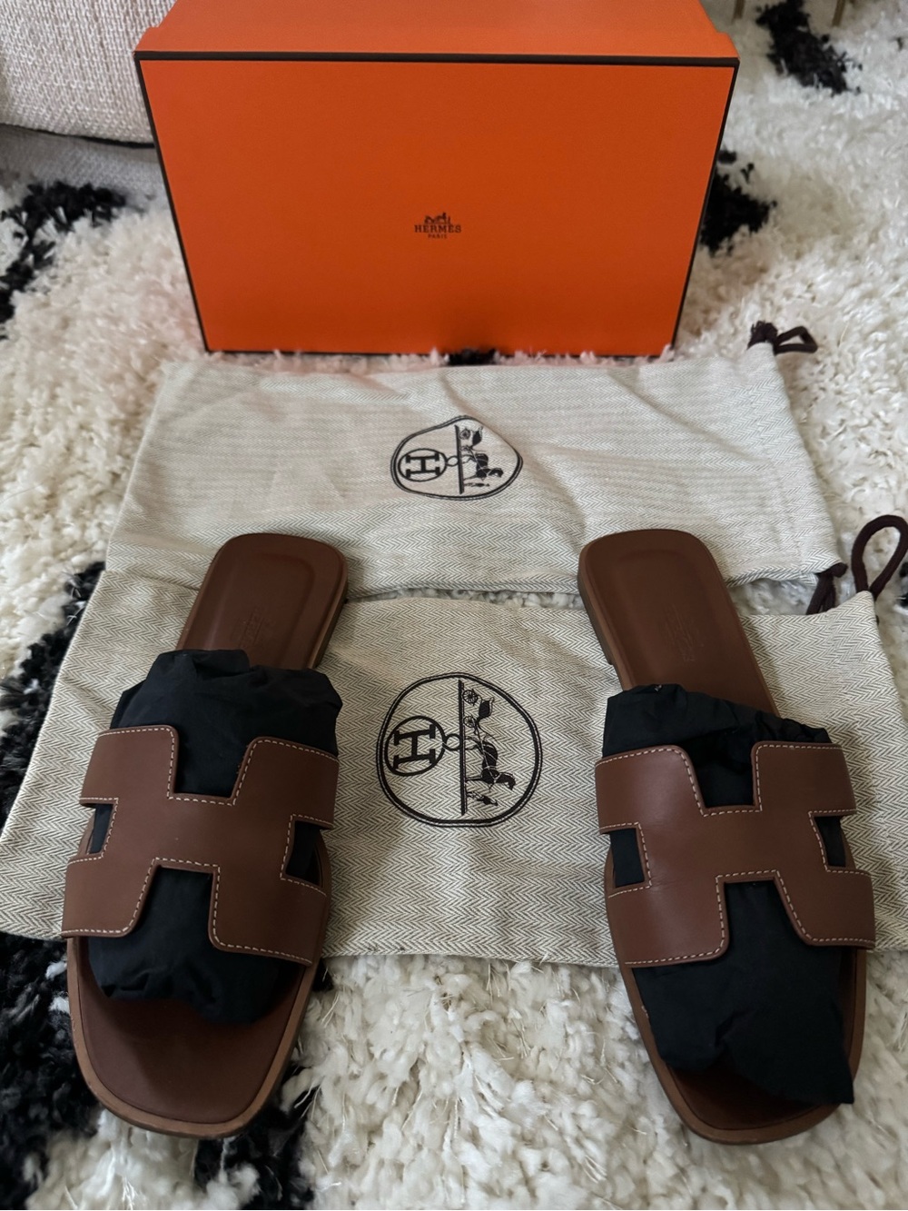 Hermes Brown Leather Oran Slide Sandals